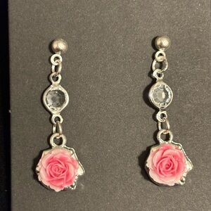Chic Silver and Pink Rose Dangle Earrings